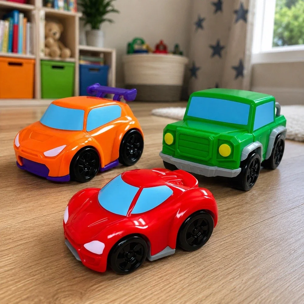 Set of 3 Chunky Toy Cars Sports Car Orange Racer Green Truck Kids Play Vehicles
